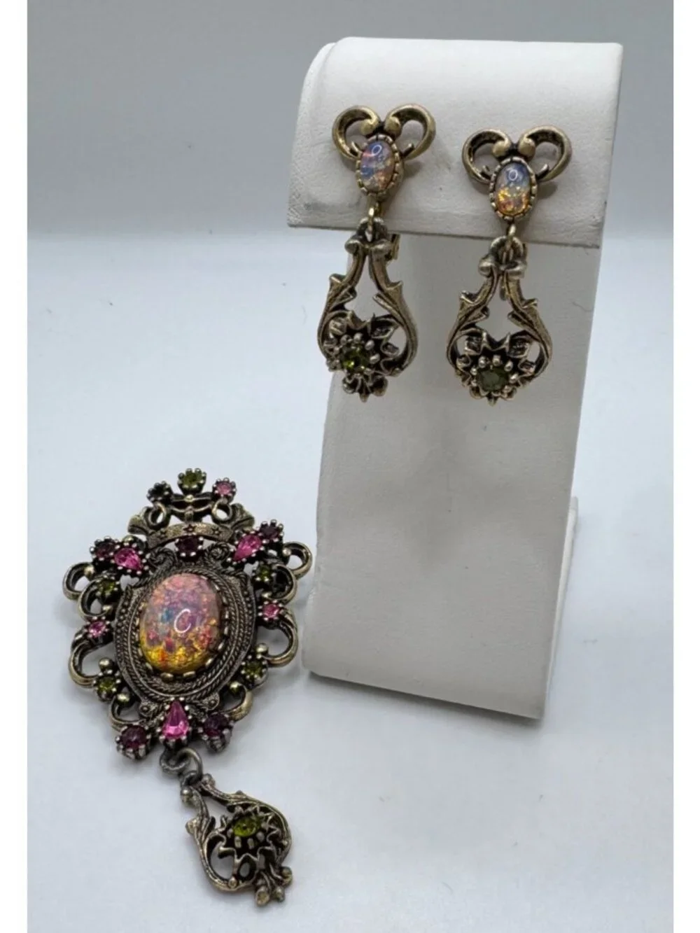 Sarah Coventry Contessa Pin Earring Set Foil Glass Faux Opal Rhinestone 1974